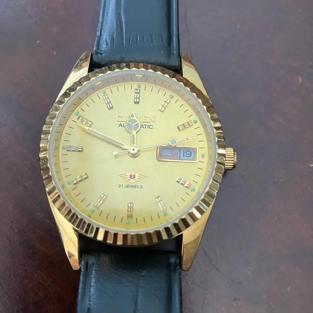 Citizen Gold Watch‎ with Black Leather Strap 36mm Vintage Rare